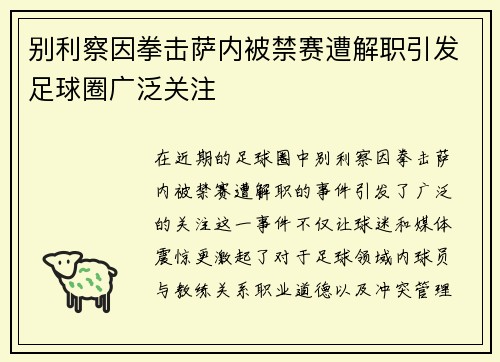别利察因拳击萨内被禁赛遭解职引发足球圈广泛关注 别利察因拳击萨内被禁赛遭解职引发足球圈广泛关注