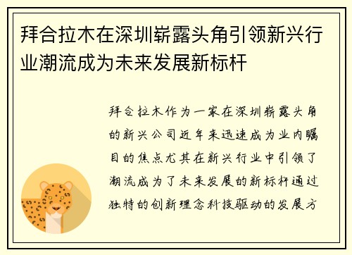拜合拉木在深圳崭露头角引领新兴行业潮流成为未来发展新标杆